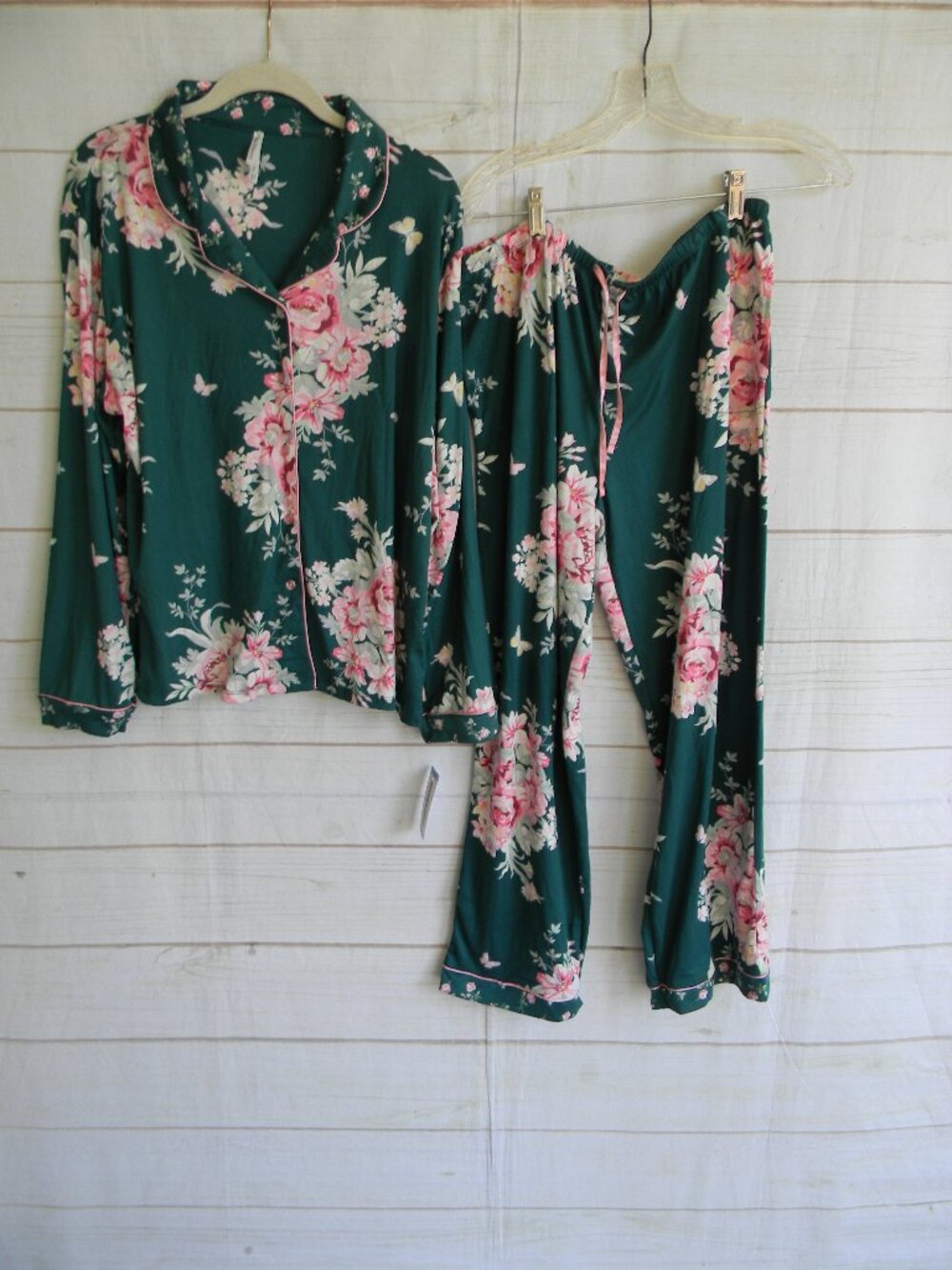 NWT FLORA NIKROOZ GREEN FLORAL LONG SLV COMFY PJ SET PAJAMA LOUNGE SZ L
